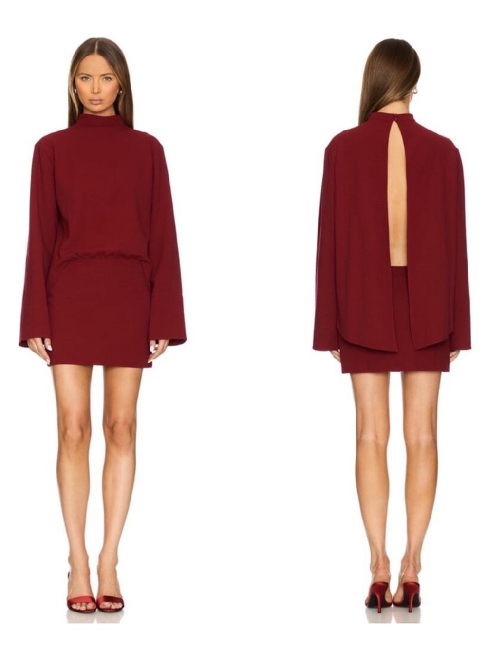 SER.O.YA Wine Red Long Sleeve Mini Dress with Open Back
